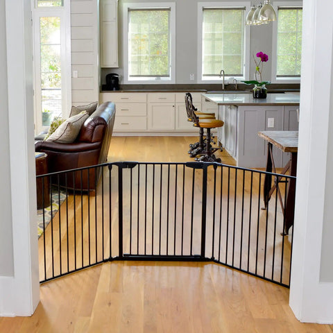 Expandable Extra Wide Baby Gate For Kids And Pets Fits 30 To 90 Inches In Black installed in modern kitchen doorway