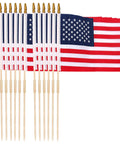 Pack Of 12 12X18 Inch Outdoor American Flags On Sticks With Vivid Color Kid Safe Spear Top Patriotic Yard Flags grouped on display.