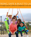 Platform Swing Giant Rectangular Saucer For Kids And Adults in use, supporting children seated outdoors, 700 lb capacity.