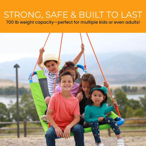 Platform Swing Giant Rectangular Saucer For Kids And Adults in use, supporting children seated outdoors, 700 lb capacity.