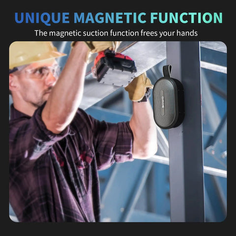 Wireless Portable Bluetooth Speaker With Deep Bass And Pro Sound IP67 Waterproof 24 Hour Playtime Magnetic Clip On Hang Design Rugged Outdoor Companion For Golf Carts And Indoor Use mounted on a metal beam next to a worker using a drill.