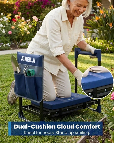 Senior woman using Foldable Garden Kneeler Seat With Upgraded No Slip Base And Removable Cushion, 350 Lbs Capacity, in garden