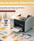 Printer displaying compatibility with blank RFID cards, ready for double-sided print, alongside printed and blank card samples.
