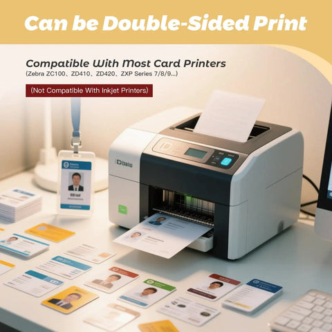 Printer displaying compatibility with blank RFID cards, ready for double-sided print, alongside printed and blank card samples.