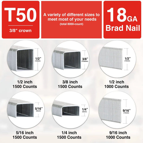 Heavy Duty T50 Staples And 18 Gauge Brad Nails Combo Kit With 8000 Staples In Four Sizes, galvanized steel, rust resistant