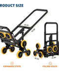 Heavy Duty Stair Climbing Cart Foldable Hand Truck With 6 Wheels For Moving Heavy Loads Up Stairs Without Straining Collapsible Design For Easy Storage In Trunk Or Closet Ready To Roll Anywhere, expanded and folded states with 43.3in frame