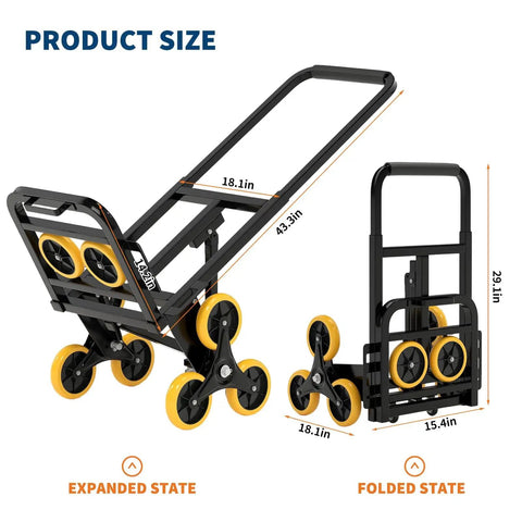 Heavy Duty Stair Climbing Cart Foldable Hand Truck With 6 Wheels For Moving Heavy Loads Up Stairs Without Straining Collapsible Design For Easy Storage In Trunk Or Closet Ready To Roll Anywhere, expanded and folded states with 43.3in frame
