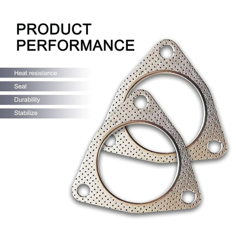 Two silver graphite exhaust flange gaskets, triangular plates with three holes, 2.48" ID