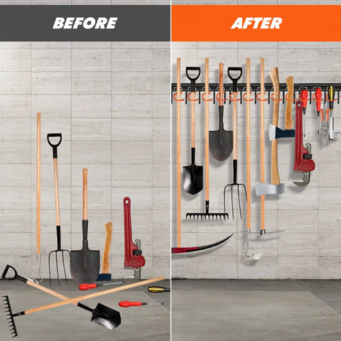 Before and after using All Metal Garden Tool Organizer With Adjustable Wall Mount Heavy Duty Hooks And Tool Hangers.