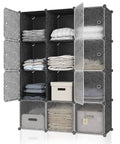 Black multipurpose portable cube storage organizer with 4 by 3 layout showing folded clothes in a durable plastic dresser.