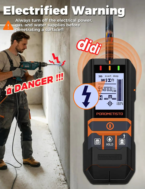 2 In 1 Stud Finder And Moisture Meter With Humidity Detection For Walls Deep Scan Wall Scanner To Locate Studs Pipes And Lumber Moisture Levels Perfect For Home Renos DIY Enthusiasts And Pro Grade Projects. handheld wall scanner on wall