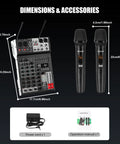 Four Channel Audio Mixer With Dual Microphones, Pro 99DSP Sound Console for DJs, 7 Band EQ, USB, dimensions and accessories shown.