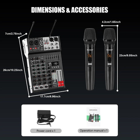 Four Channel Audio Mixer With Dual Microphones, Pro 99DSP Sound Console for DJs, 7 Band EQ, USB, dimensions and accessories shown.