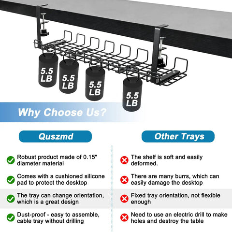No Drill Under Desk Cable Management Rack Clip On 25 Inch Organizer For Standing Desks, Heavy Duty Desk Cable Holder With Hand Clamp