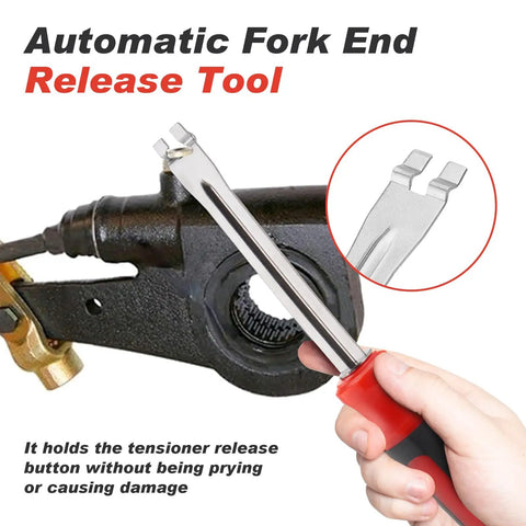 Red-handled fork end tool on slack adjuster mechanism