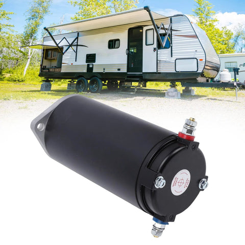 Haofy RV leveling hydraulic pump motor, black cylindrical power unit for Lippert auto-leveling systems, side view