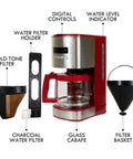 Red 12 Cup Programmable Drip Coffee Maker With Auto Shut Off And Glass Carafe, Reusable Filter, Ideal For Home Or Small Cafes
