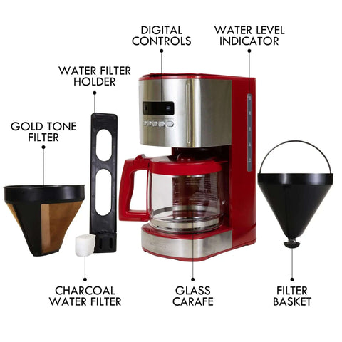 Red 12 Cup Programmable Drip Coffee Maker With Auto Shut Off And Glass Carafe, Reusable Filter, Ideal For Home Or Small Cafes