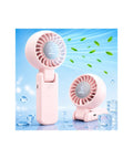 3 In 1 Personal Neck Fan And Handheld USB Rechargeable Mini Fan With 5 Speed LED Display in pink, shown as handheld and folded.