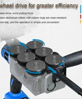 Close-up of 6-wheel drive system on Heavy Duty Cordless Automatic Wire Tugger Fish Tape for enhanced pulling force.