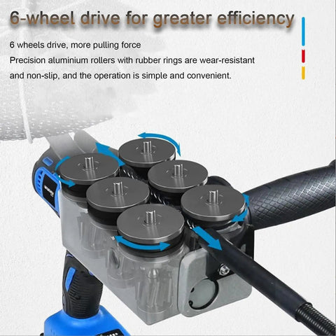 Close-up of 6-wheel drive system on Heavy Duty Cordless Automatic Wire Tugger Fish Tape for enhanced pulling force.