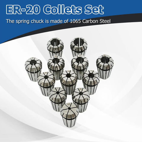 12 Piece ER20 Collets Set One Eighth To One Half Inch Precision With 0.015mm Runout Tolerance arranged on display