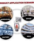 1/2 Inch Pendent Fire Sprinkler Head 68C 155F Quick Response shown in warehouse, office, factory, and mall settings for fire safety.