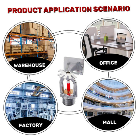 1/2 Inch Pendent Fire Sprinkler Head 68C 155F Quick Response shown in warehouse, office, factory, and mall settings for fire safety.