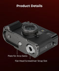Fujifilm X Half L Shaped Grip With Built In Quick Release Plate For Arca on camera body, showing Arca-Swiss plate and strap slot