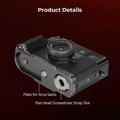 Fujifilm X Half L Shaped Grip With Built In Quick Release Plate For Arca on camera body, showing Arca-Swiss plate and strap slot