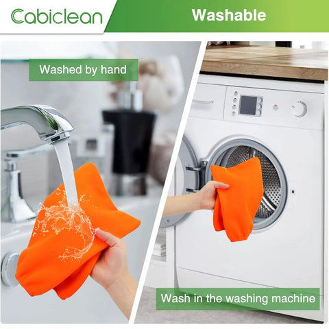 Reusable Vacuum Filter Cover For Wet Dry Vacuums, 4 Pack, shown being washed by hand and machine, orange polyester.