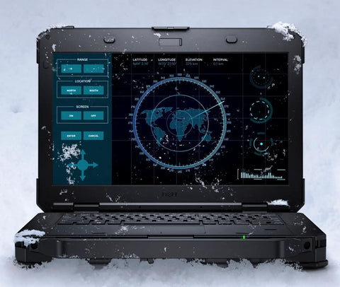 Legit Rugged 14 Inch Fhd Tablet Pc Featuring Beast Mode Intel Core I7 Processor With Dang Tough Ip53 Weather Shielding And 16 Gb Ram 256 Gb Ssd Plus Wifi Bluetooth Running Windows 11 Pro Renewed on snowy surface with digital interface.