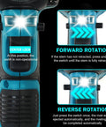 Zuyiyi Cordless Electric Rivet Gun For Makita 18V Battery showing operation modes: center lock, forward rotation, and reverse rotation.