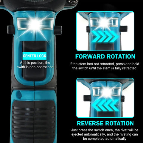 Zuyiyi Cordless Electric Rivet Gun For Makita 18V Battery showing operation modes: center lock, forward rotation, and reverse rotation.