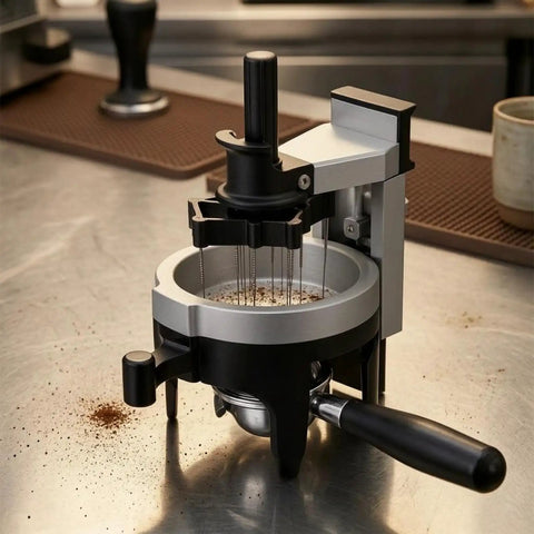 Adjustable Height Espresso Coffee Distributor Rotary Puck Leveler 58Mm Compatible Barista Tool on a metal counter with coffee grounds.