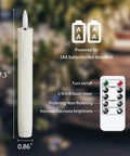 Diagram of 7.5 inch flameless flickering taper candle with remote, illustrating battery size and timer features.