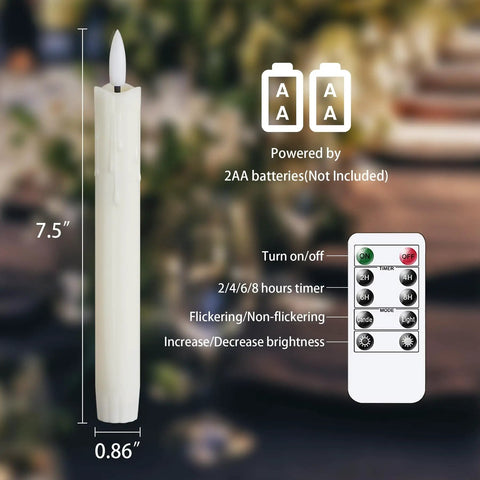 Diagram of 7.5 inch flameless flickering taper candle with remote, illustrating battery size and timer features.