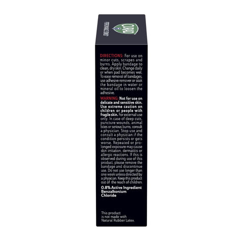 Tough As Nails Antibacterial Bandages For Elbows And Knees 3X3 Inch instructions and warnings on packaging, showing 0.8% benzalkonium chloride.