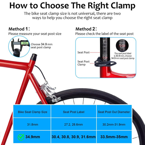 Guide on selecting Aluminum Alloy Quick Release Bike Seat Clamp 34.9mm with size chart for proper fit on seat post and collar.