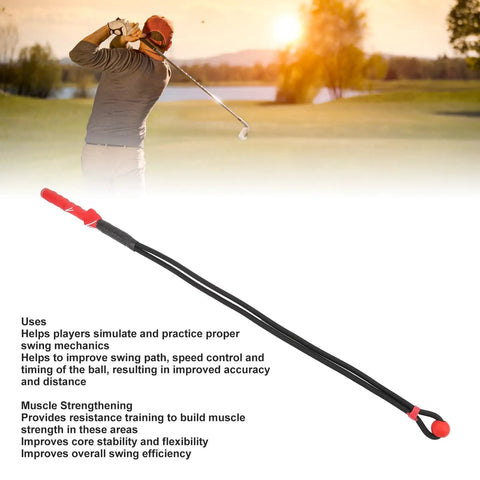 Golf Swing Training Rope With Ergonomic Grip For Beginners, Warm Up Aid And Posture Corrector on a course with sunset