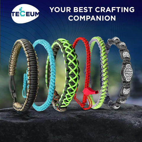 Colorful braided bracelets made with paracord, displayed in a row, showcasing textures and patterns suitable for crafting.