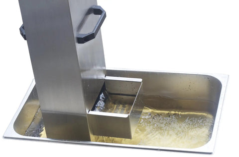 Keep Your Fry Oil Crisp As Day With This Automatic Deep Fryer Oil Filter, stainless steel structure with a cleaning basin.