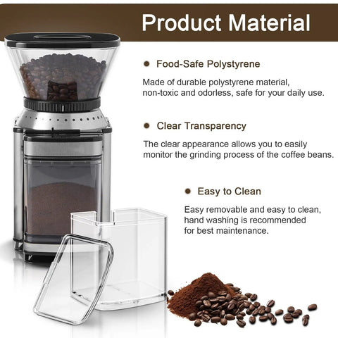 Drop-In Grind Chamber With Lid Replacement For Burr Coffee Grinder Model DBM-8P1, Fits Part DBM-8GC, shown with coffee beans