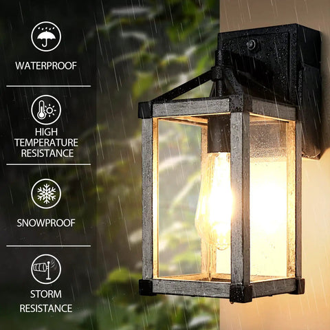 Dusk To Dawn Outdoor Wall Light With GFCI Outlet Industrial Rugged Waterproof Wall Lantern With Rustic Wood Finish illuminated in rain