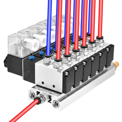 Industrial 6 Port 5/2 Way Pneumatic Solenoid Valve With 24V DC Coil, PT1/4 Ports, 6mm Inlet Outlet, manifold installation view