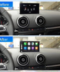 Before and after installation of Wireless CarPlay And Android Auto Retrofit Kit For Audi A3 S3 2013 2018 with screen upgrade.