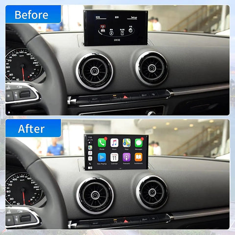 Before and after installation of Wireless CarPlay And Android Auto Retrofit Kit For Audi A3 S3 2013 2018 with screen upgrade.