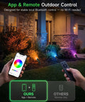 Smart RGBCW 12V Landscape Lighting Kit For Trees And Pathways, Color Changing Outdoor Spotlights With Bluetooth Mesh, No WiFi Needed. App and remote control shown with vibrant garden lights.