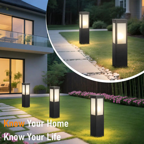 Modern Outdoor Bollard Pathway Lights Rock Solid Black Aluminum Yard Walkway Lamps With Waterproof White Glass Hardwired E26 Base illuminating garden path