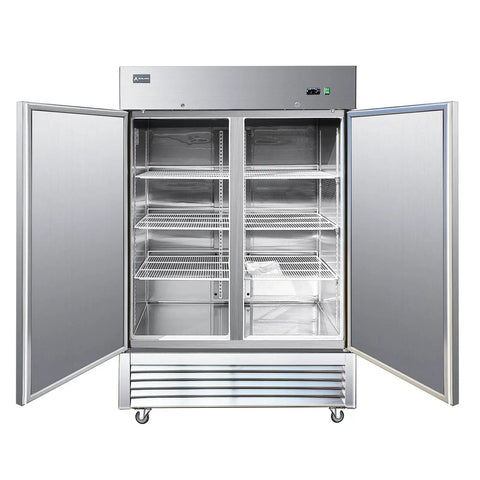 Straight Up Heavy Duty 2 Door Commercial Freezer Refrigerator Cooler Upright Reach In Stainless Steel ETL Certified 49 Cubic open doors view